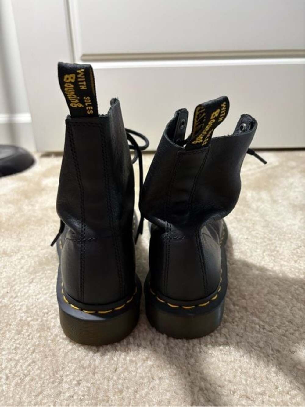 Dr. Martens Black Leather Lace-Up Boots with Yellow Stitching - Picture 3 of 9